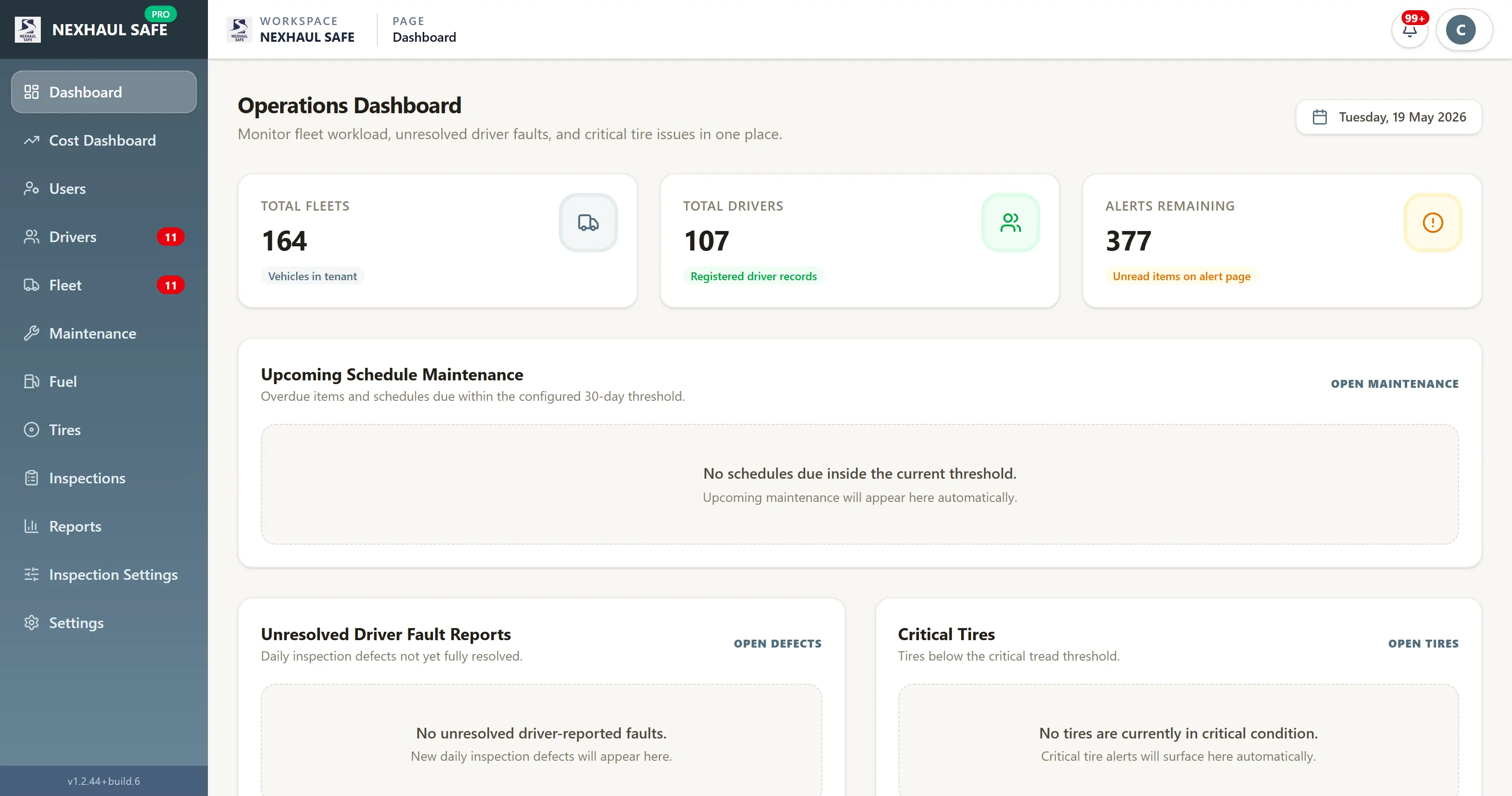 Nexhaul Safe Operations Dashboard — compliance score, GPS map, alerts